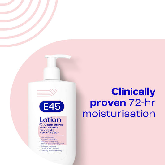 E45 Dermatological Moisturising Lotion 200 ml – Body Lotion – Daily Moisturiser for Long-Lasting Hydration for Dry Skin and Sensitive Skin – Protect from Dryness, Reduce Redness and Flaking