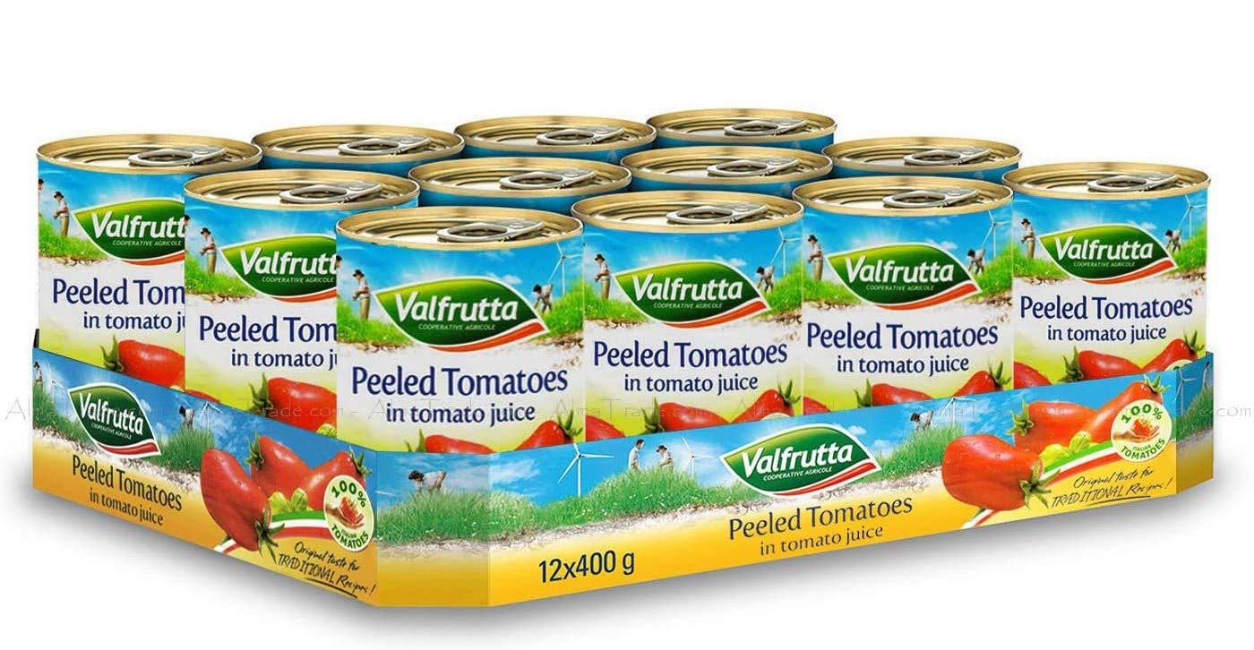 Valfrutta Peeled Plum Tomatoes in Tomato Juice Italian Pack of 12 x 400g Tin Can