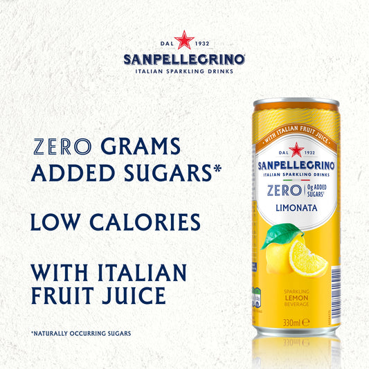San Pellegrino Italian Sparkling Drinks Zero Sparkling Lemon Canned Soft Drink 12 x 330ml | 21kCals per can