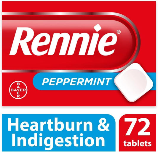Rennie Antacids, Peppermint Flavour Heartburn Relief and Indigestion Tablets, Fast and Effective Relief for Acid Reflux, 1 Pack of 72 Tablets