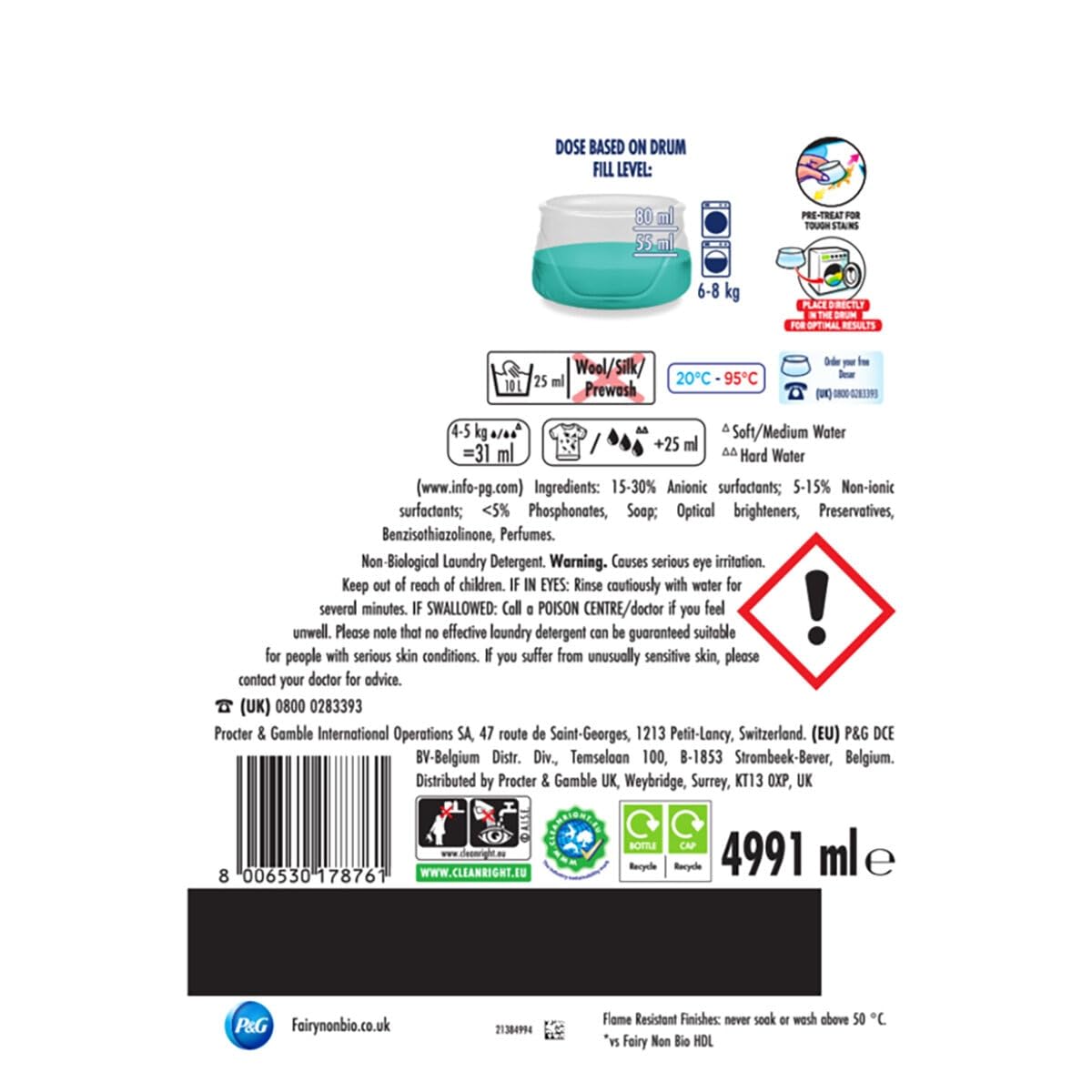 Fairy Non Bio Laundry Washing Liquid Detergent Platinum Extra Stain Remover- XXXL Mega Pack - Dermatologically Approved - 161 Wash,