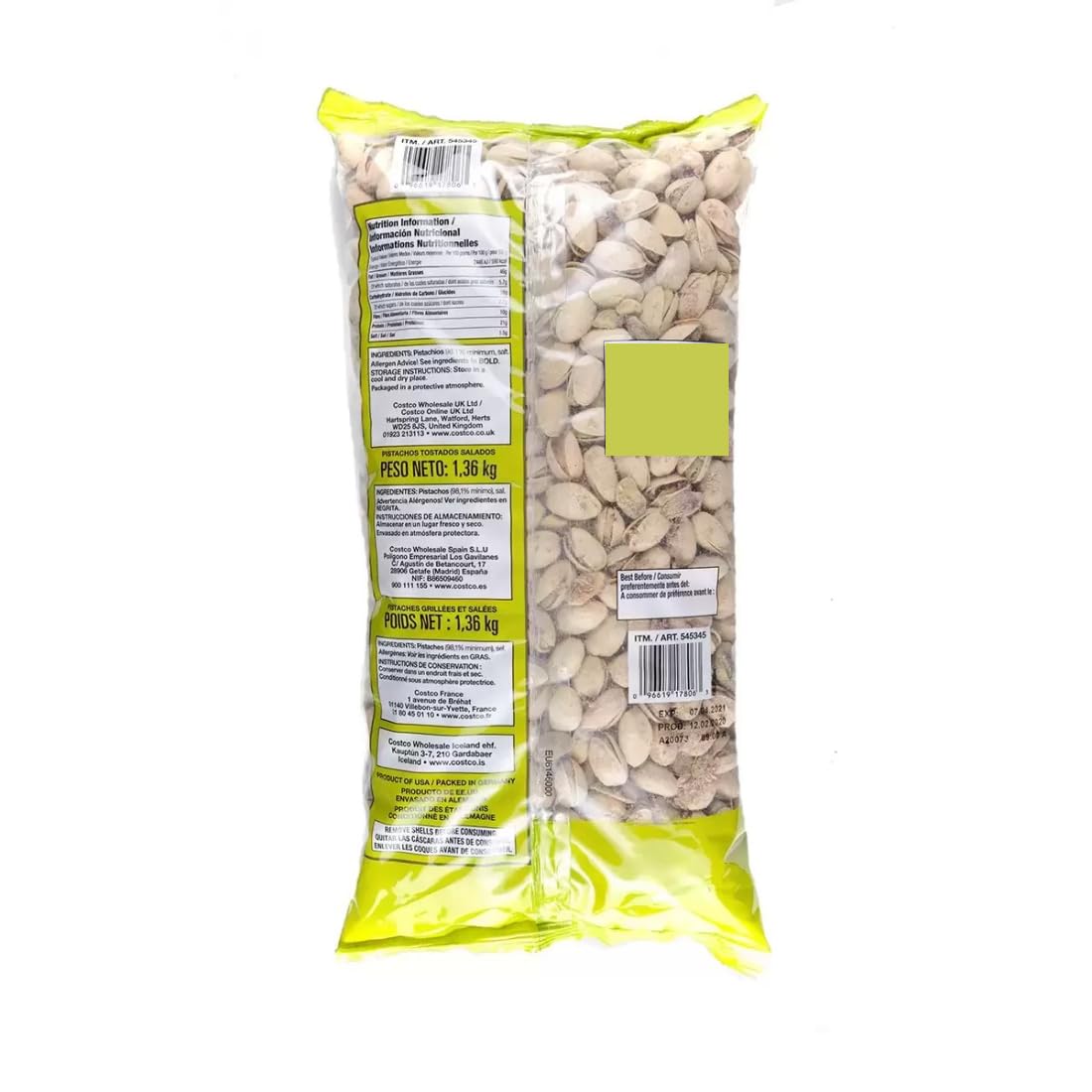 KIRKLAND SIGNATURE Shelled Pistachios Roasted & Salted, 1.36 g
