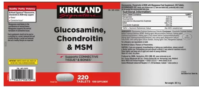 Kirkland Signature Glucosamine, Chondroitin & MSM, 220 Tablets – Triple Action Formula for Joint Health, Flexibility & Mobility Support
