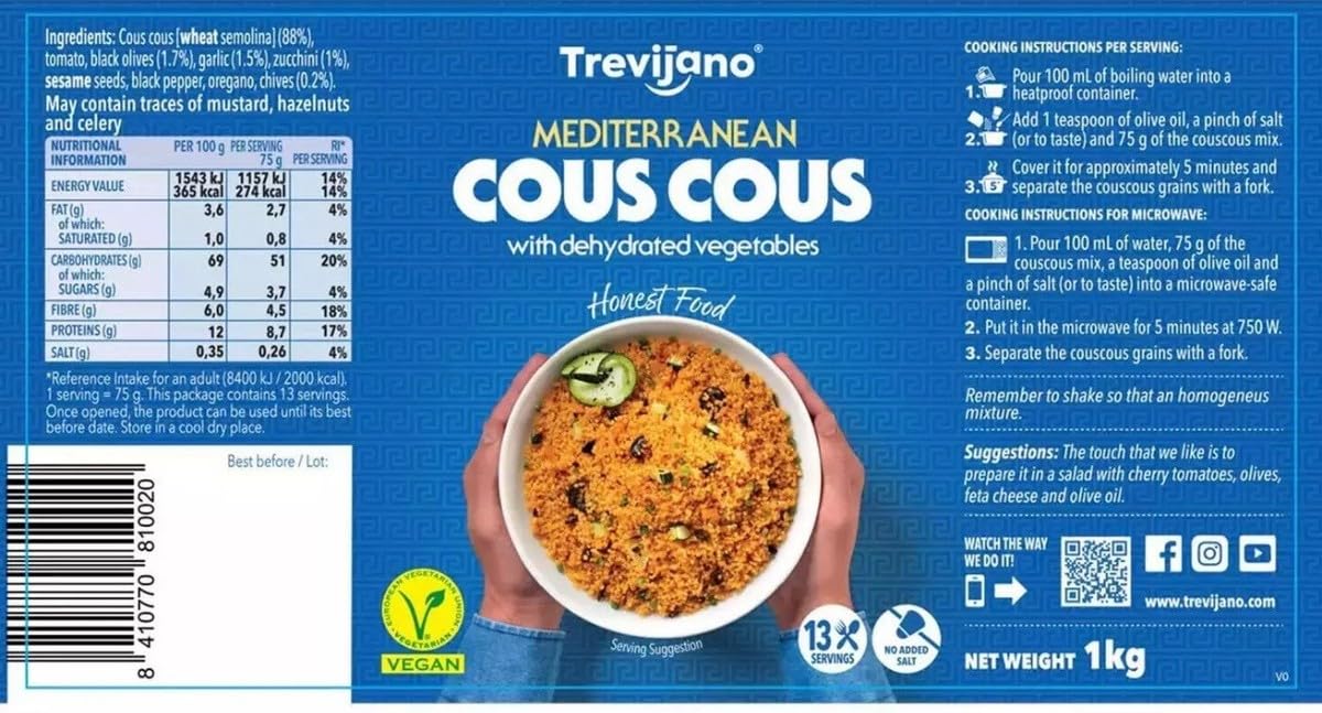 Trevijano Mediterranean Couscous with Dehydrated Vegetable Flavour Spice cou Pack 1kg - 13 Serving-VEGAN