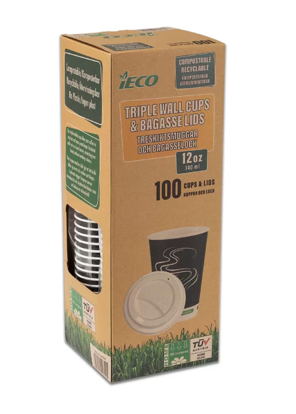 iECO Recyclable Triple Wall Hot Cups & Lids, 12oz, 100 Pack