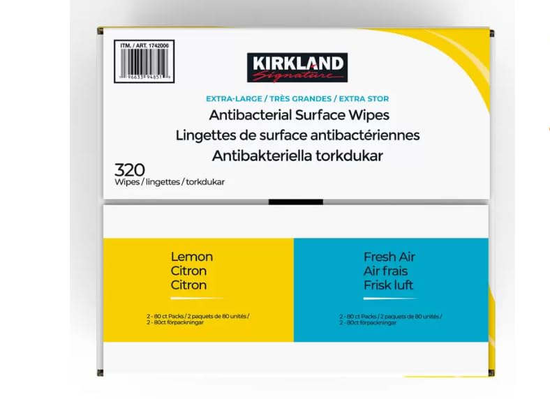Kirkland Signature Extra-Large Antibacterial Surface Wipes, Lemon/Fresh Air Scent 320 pack
