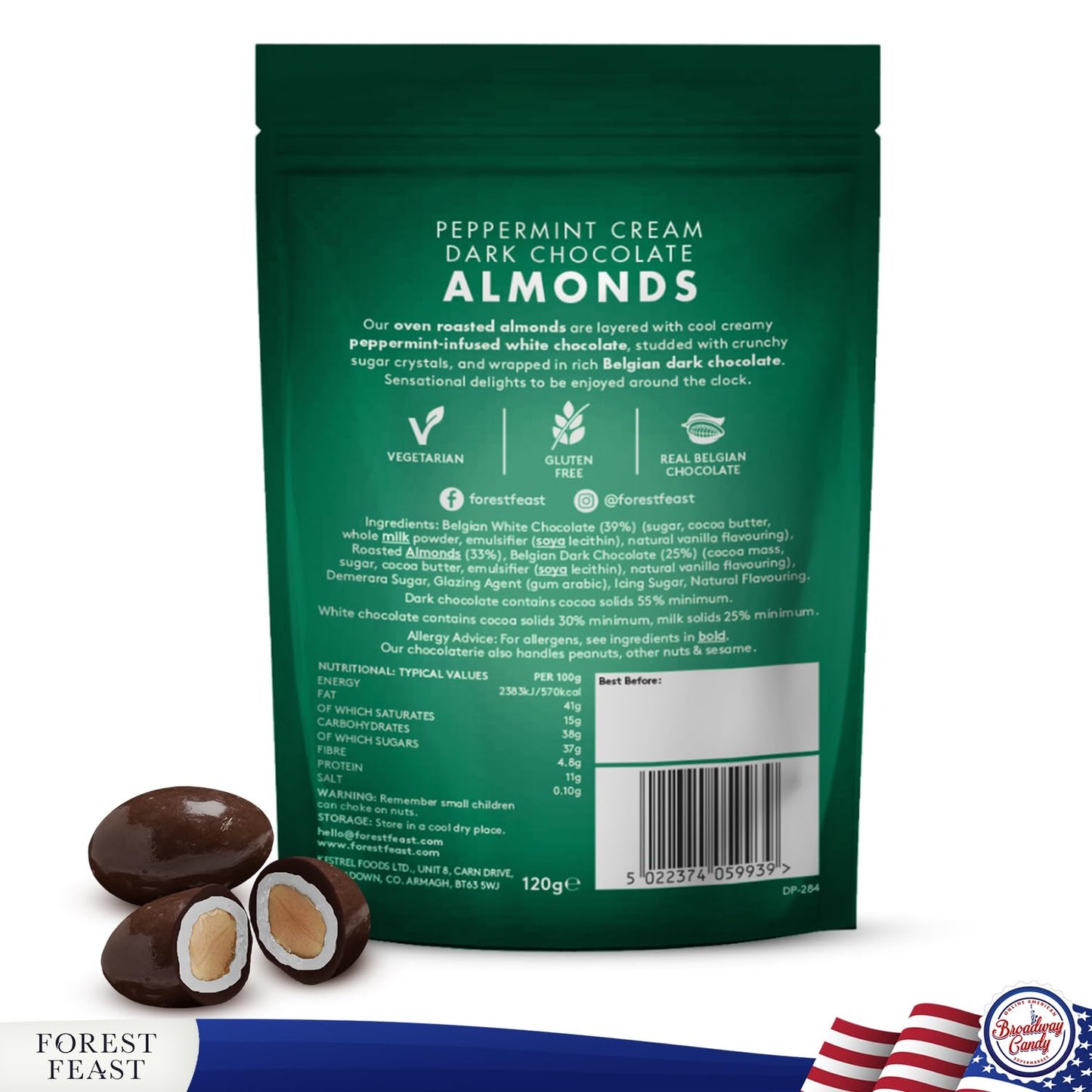 Forest Feast Peppermint Cream Dark Chocolate Almonds, 120g