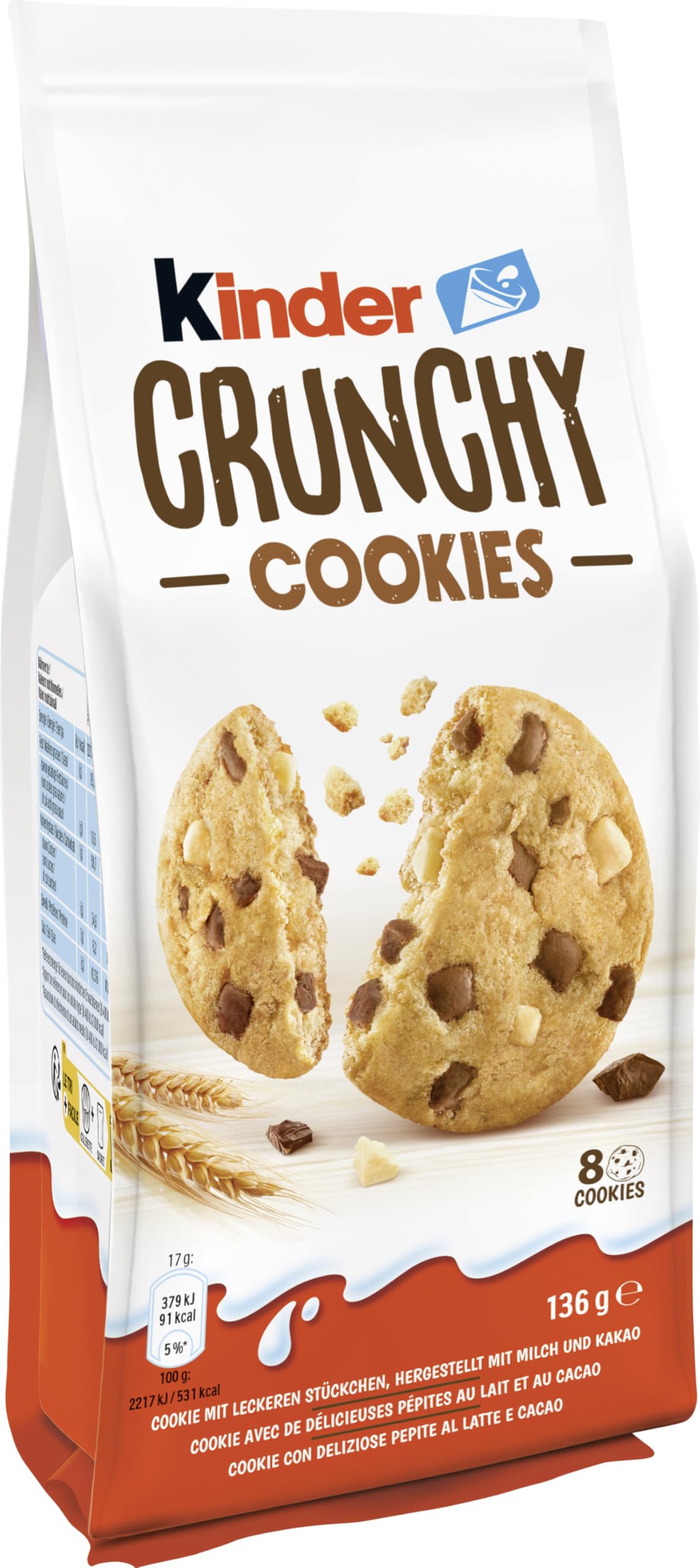 Kinder Crunchy Cookies, 8 Count, 136g, with Milk and Cocoa (3 packs)