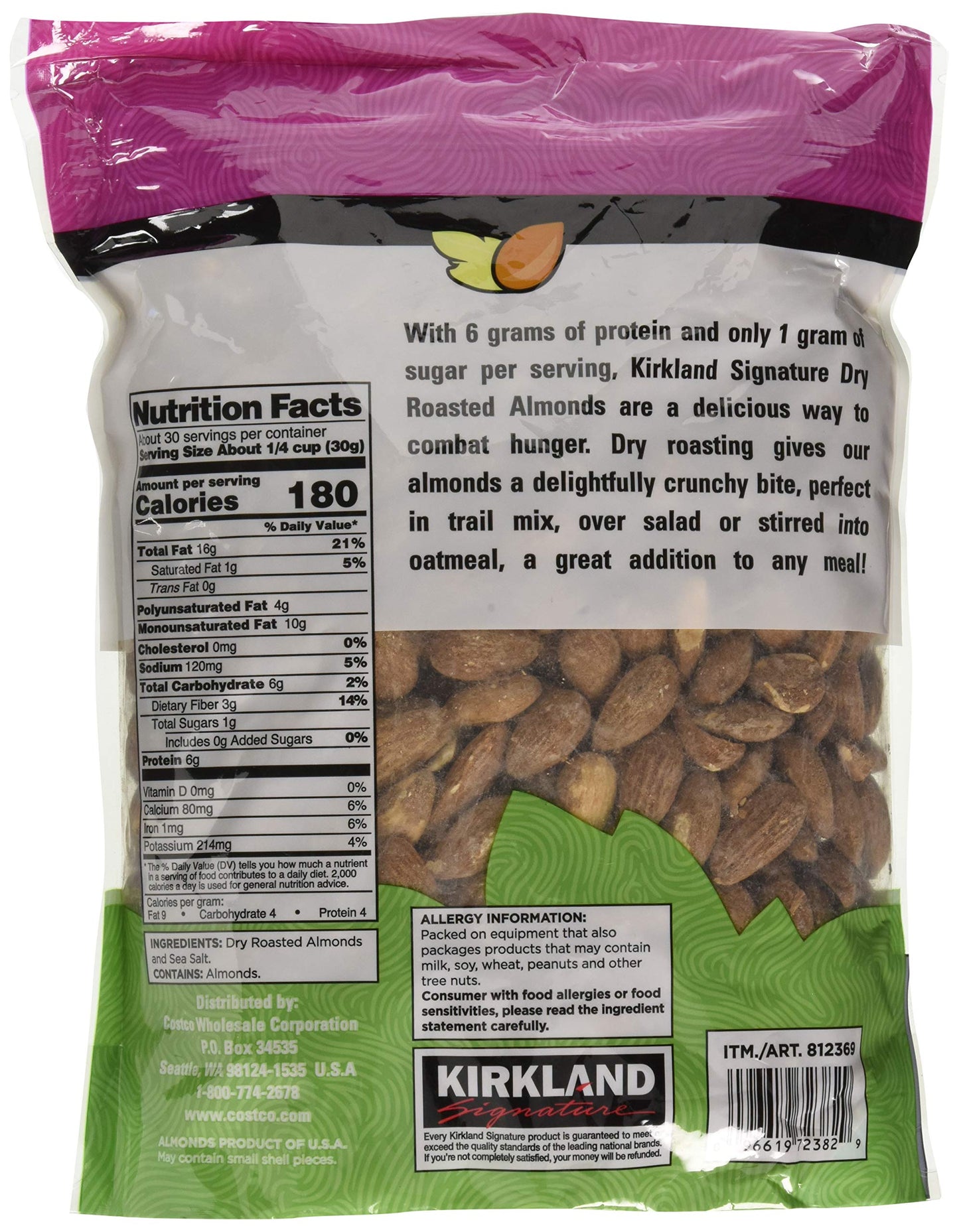 Kirkland Signature Dry Roasted Almonds Seasoned with Sea Salt: 2 Bags of 2.5 Lb