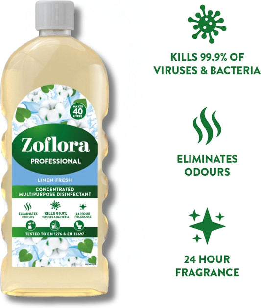 Zoflora Concentrated Linen Fresh Disinfectant Liquid, 1 Litre, Powerful Antibacterial & Multi-Surface Cleaner, Kills 99.9% of Bacteria & Viruses (6 Units)