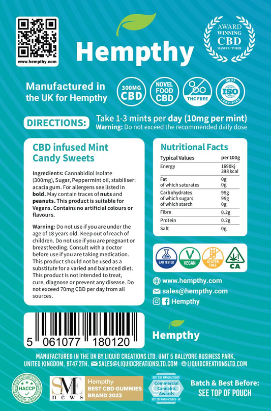 Hempthy 300mg CBD High Strength Mints, Imperial Mint Flavour Made with Real CBD Oil, Vegan, Non-GMO, Alternative to CBD Gummies, Improved Purity, No THC, 30pack (30 Days)