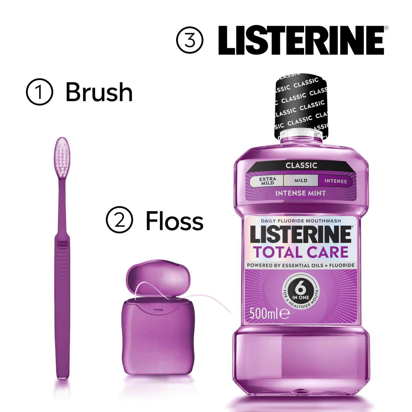 Listerine Total Care Intense Taste Classic Antibacterial Mouthwash (1000ml), Fresh Mint Blast Flavour With 6-in-1 Benefits