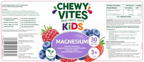 Chewy Vites Kids Magnesium, 2 Months Supply, 60 Kids Vitamins Gummies, 500mg Magnesium Citrate Providing 56mg per Gummy, Real Fruit Juice, Age 3 +, Berries Flavour