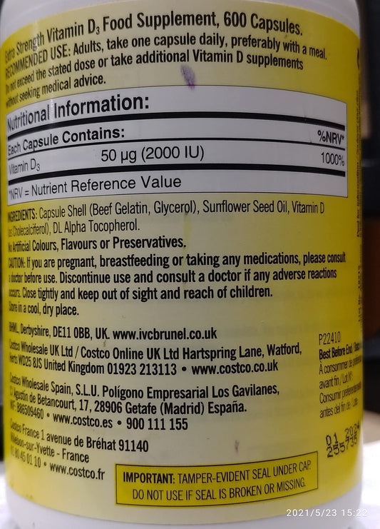 KIRKLAND Signature Extra Strength Vitamin D3, 600 Capsules, 50 mcg, 2000 IU