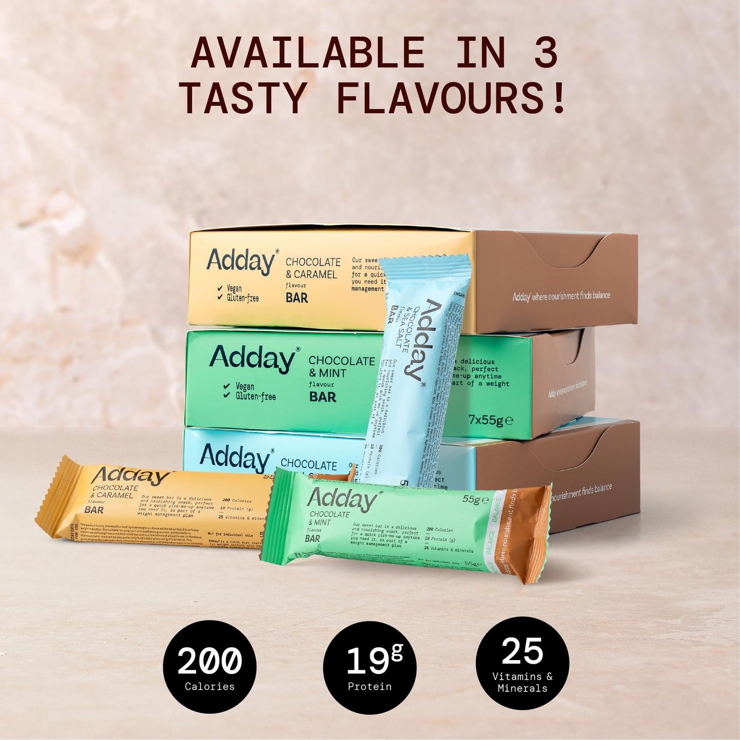 Adday - Low Calorie, High Protein Total Diet Meal Replacement Bar - Gluten Free, Vegan Friendly and Halal - 100% Nutritionally Complete with Fibre, Vitamin D, Iron and More