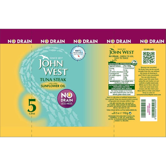 John West Tuna Steak in Sunflower Oil, No Drain, 5 x 110g Cans, High Protein