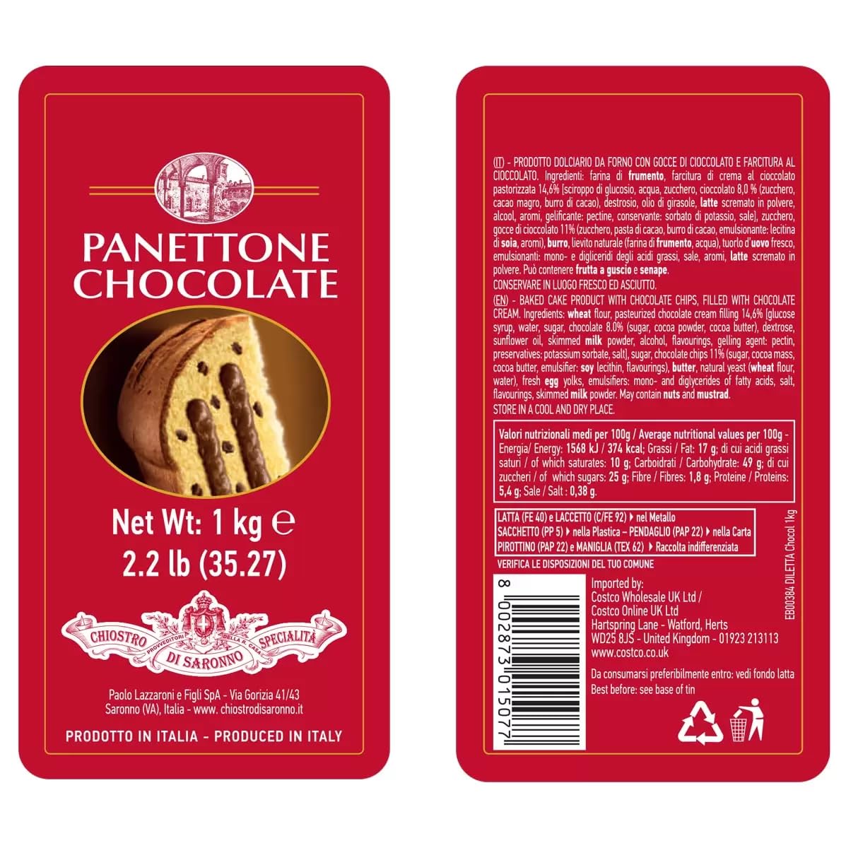 Pearl Trading Lazzaroni Chiostro Di Saronno Chocolate Panettone, 1kg (product of Italy)