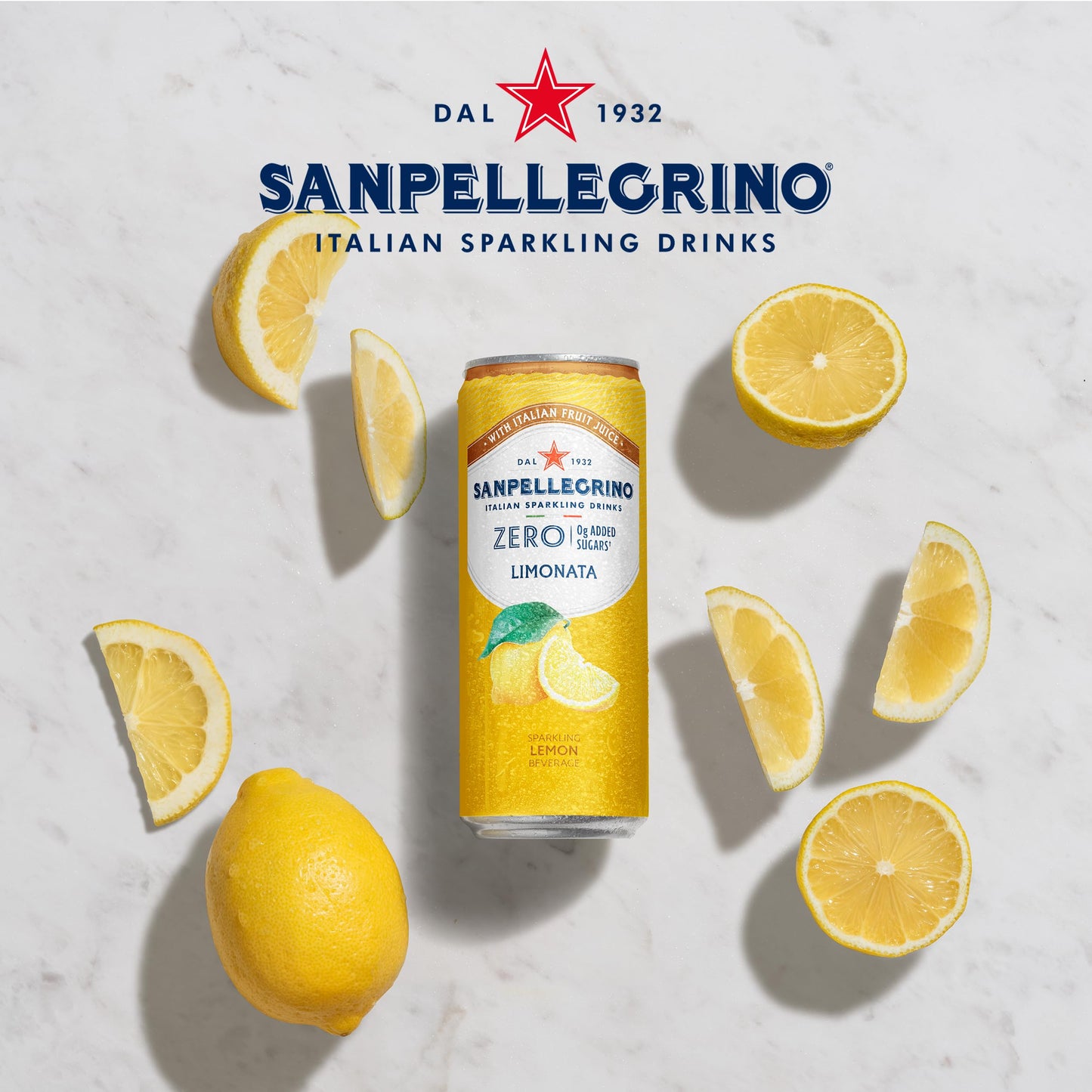 San Pellegrino Italian Sparkling Drinks Zero Sparkling Lemon Canned Soft Drink 12 x 330ml | 21kCals per can