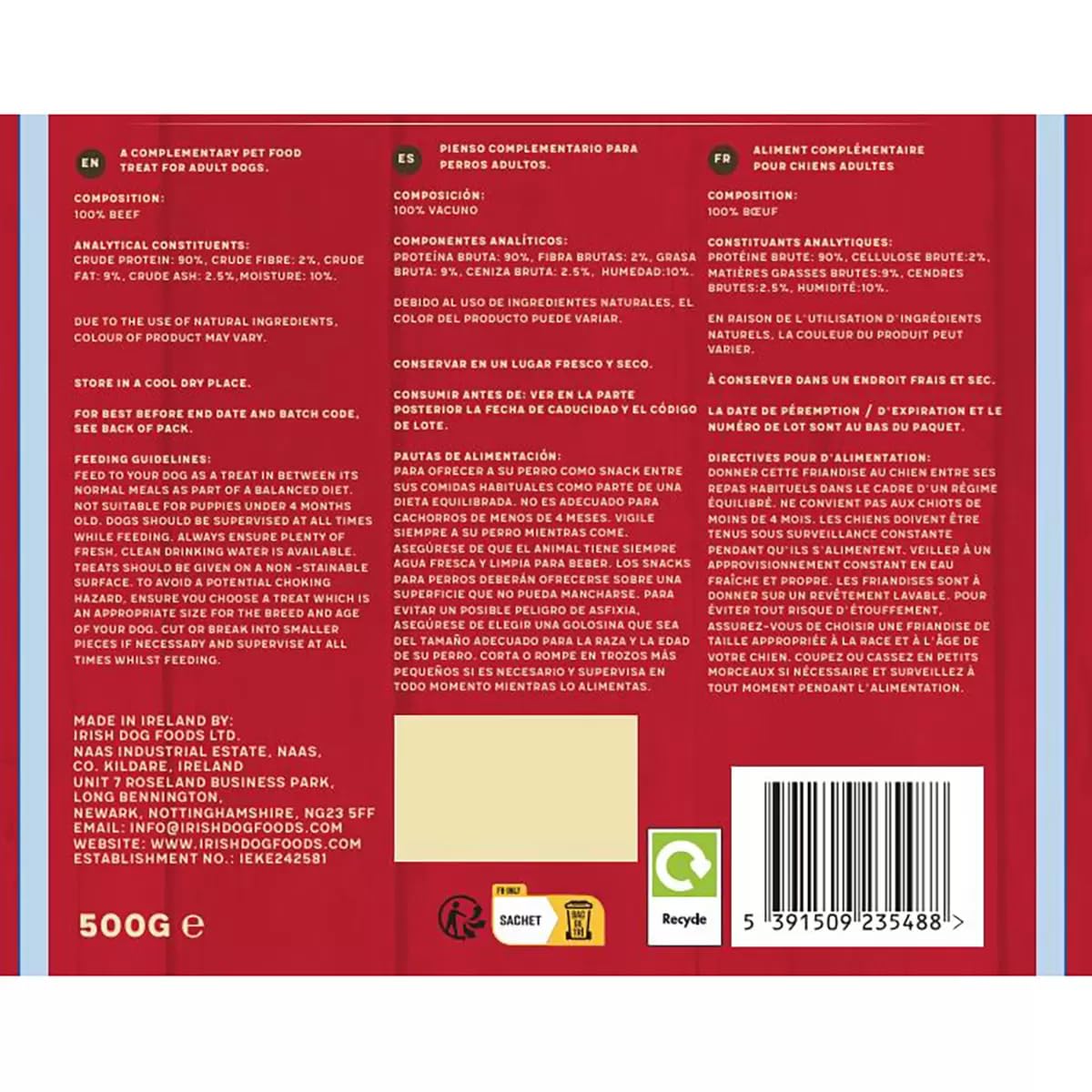 Irish Rover Premium Dog Treats, Beef Sticks, 100% Beef, Grain Free, High in Protein, 500g