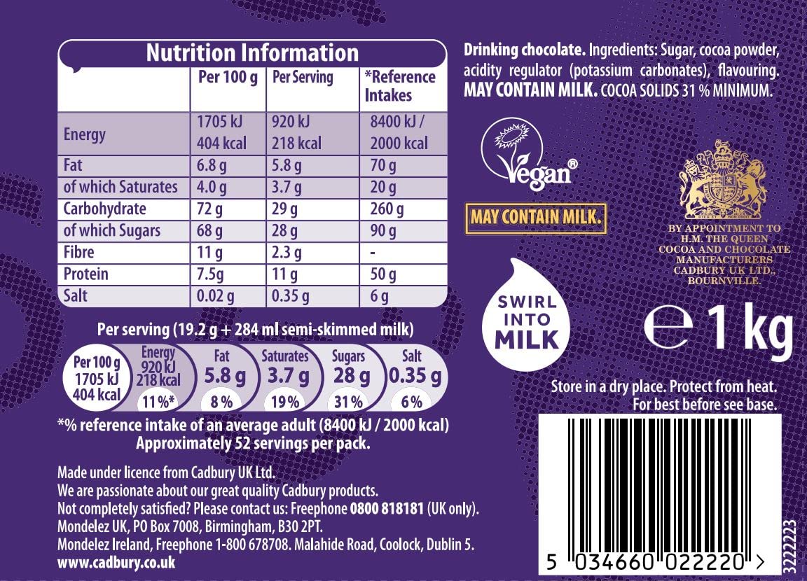 Cadbury Drinking Chocolate, OFFICIAL, Fair Trade Cocoa for Swirling into Hot Milk, 25% Cocoa Solids Minimum, 3 x 1 Kg