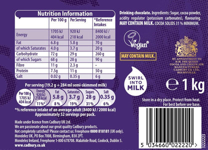 Cadbury Drinking Chocolate, OFFICIAL, Fair Trade Cocoa for Swirling into Hot Milk, 25% Cocoa Solids Minimum, 3 x 1 Kg