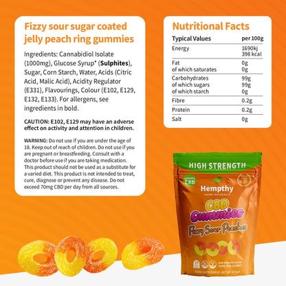 Hempthy CBD Fizzy Sour Peaches - 1000mg High Strength CBD Gummies for Adults - THC Free, Best UK Edible CBD Gummies - 20mg x 50!