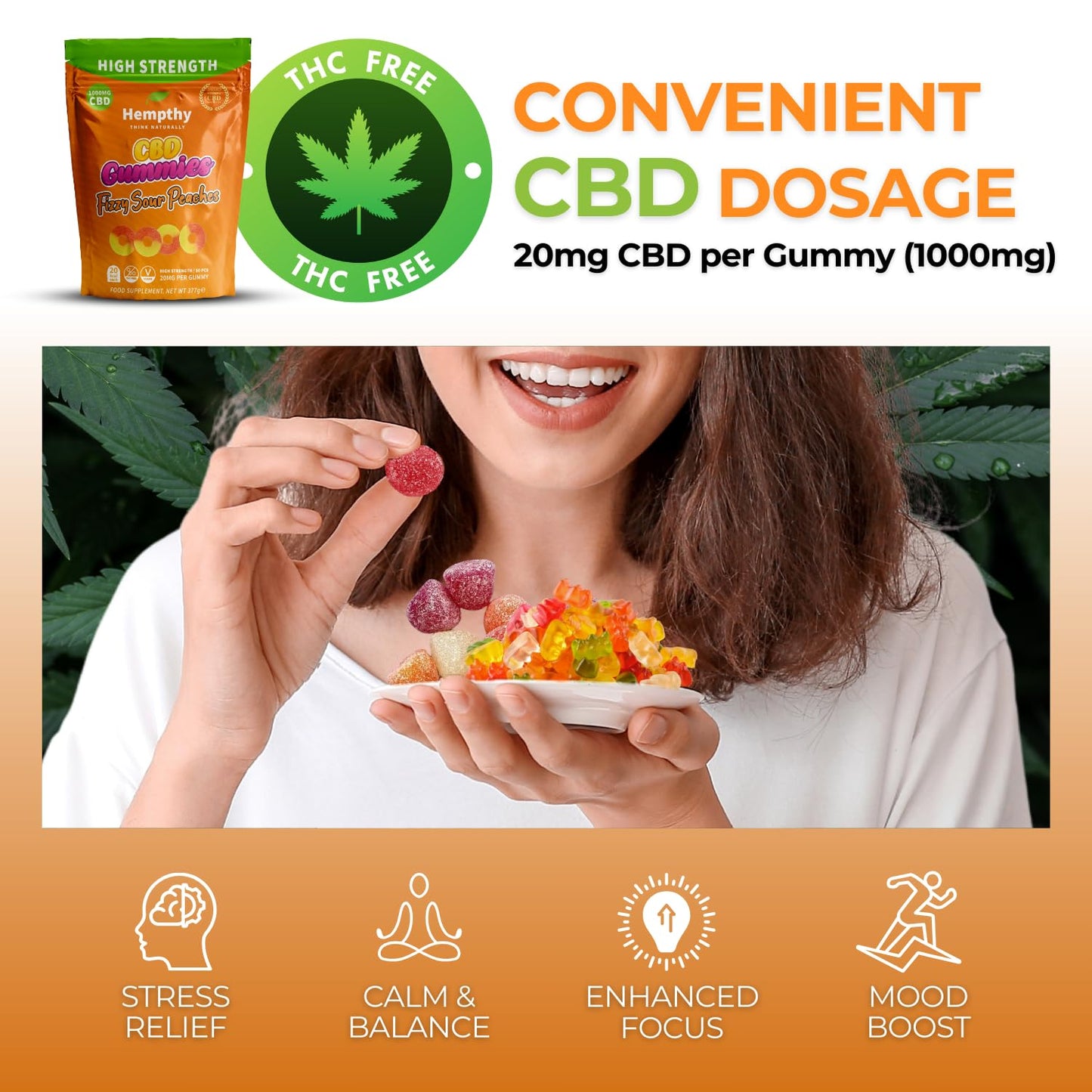 Hempthy CBD Fizzy Sour Peaches - 1000mg High Strength CBD Gummies for Adults - THC Free, Best UK Edible CBD Gummies - 20mg x 50!