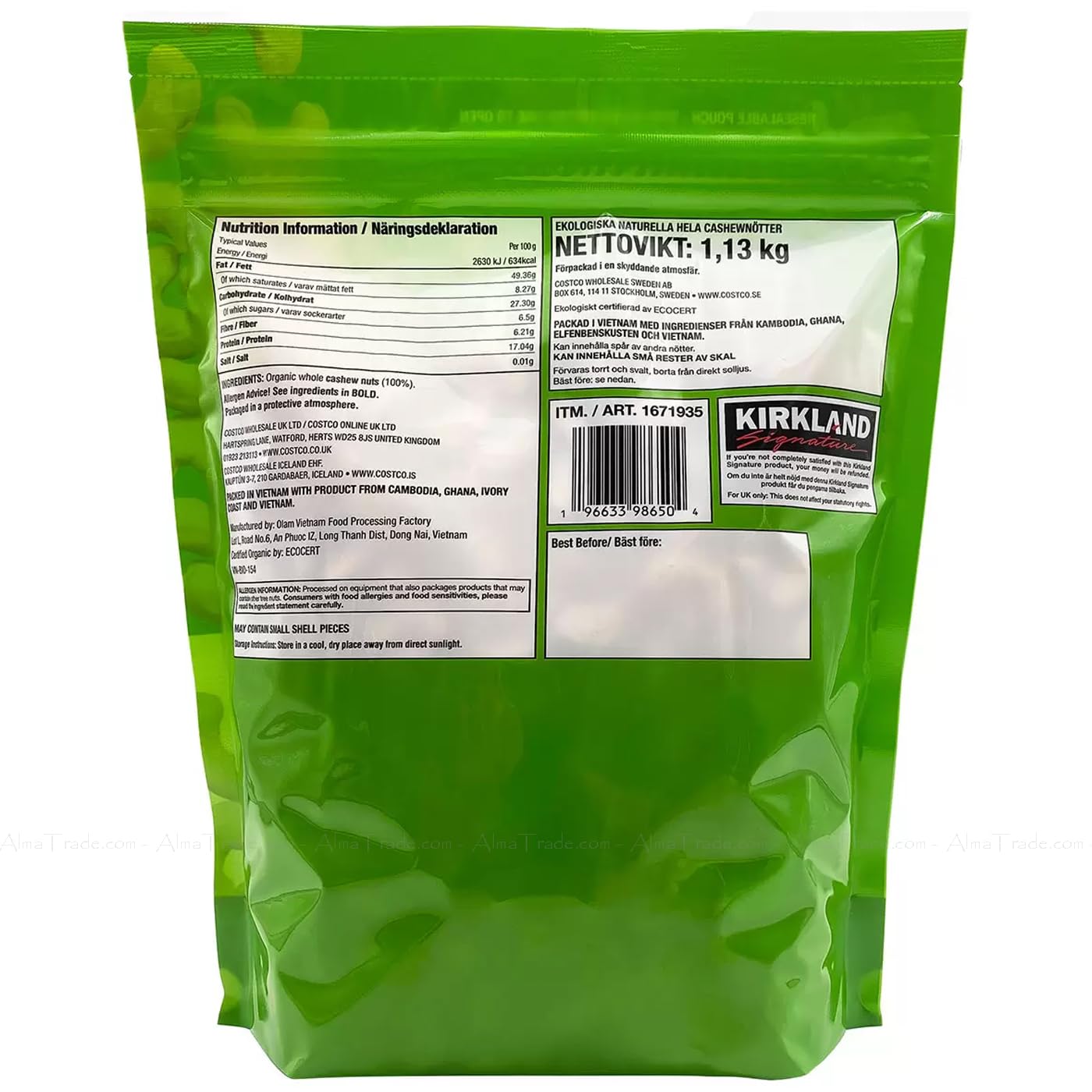 Kirkland Signature Organic Whole Cashews Unsalted Unroasted Nuts Bag Pack 1.13kg
