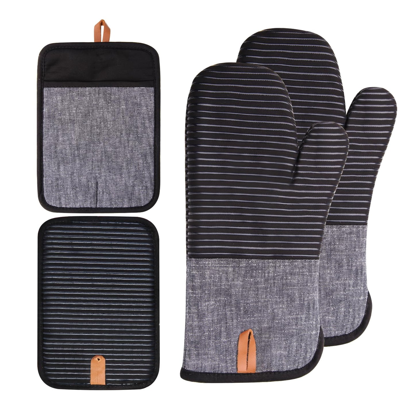 Kitchen Oven Mitts 4pcs Set- Non-Slip Cotton Oven Mitt & Pot Holders – Heat Resistant, Durable & Machine-Washable -Two Long Mit & Two Pot Holder