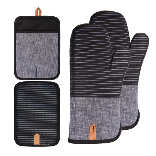Kitchen Oven Mitts 4pcs Set- Non-Slip Cotton Oven Mitt & Pot Holders – Heat Resistant, Durable & Machine-Washable -Two Long Mit & Two Pot Holder