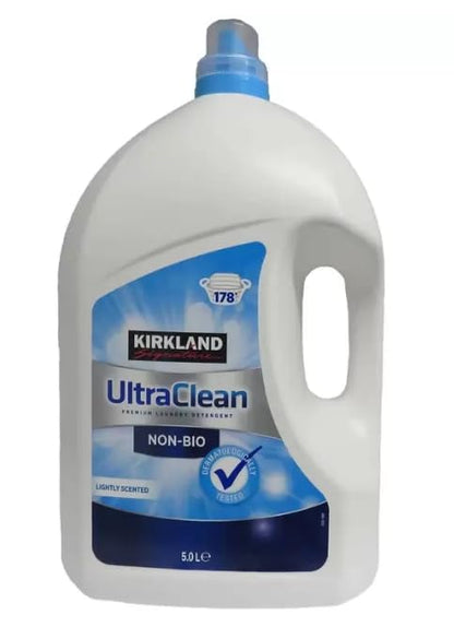 Kirkland Signature Ultra Clean Non Bio Laundry Liquid, 5L (178 Washes) – Powerful Stain Removal, Hypoallergenic Formula for Sensitive Skin, Long-Lasting Freshness, Eco-Friendly Packaging