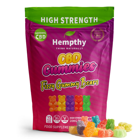 Hempthy High Strength CBD Gummies 1000mg, 20mg x 50 Gummies, HIGH Strength CBD Gummy Bears, 1000mg Total CBD, THC Free, Best UK CBD Gummy Bears