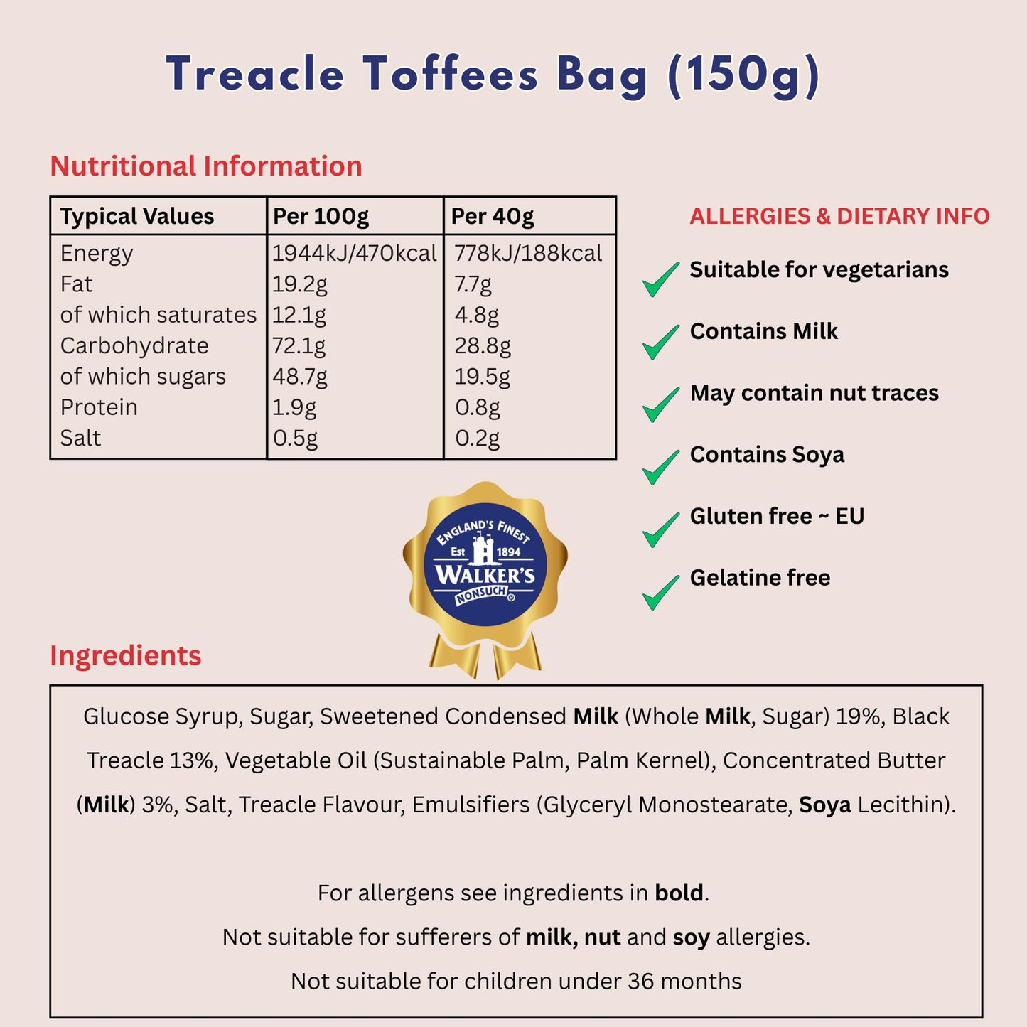 Walkers Treacle Toffee - 3 x 150gm