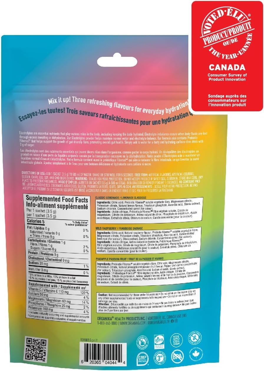 Organika Electrolytes Variety Pack | 45 Sachets | Lemonade, Raspberry, Pineapple Passion Fruit | Sugar Free Drink Mix with 5 Electrolytes & Vitamin C | Hydration & Wellness | Canadian
