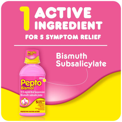 Pepto-Bismol for Nausea, Heartburn, Indigestion, Upset Stomach and Diarrhoea, 5 Symptom Relief 480ml