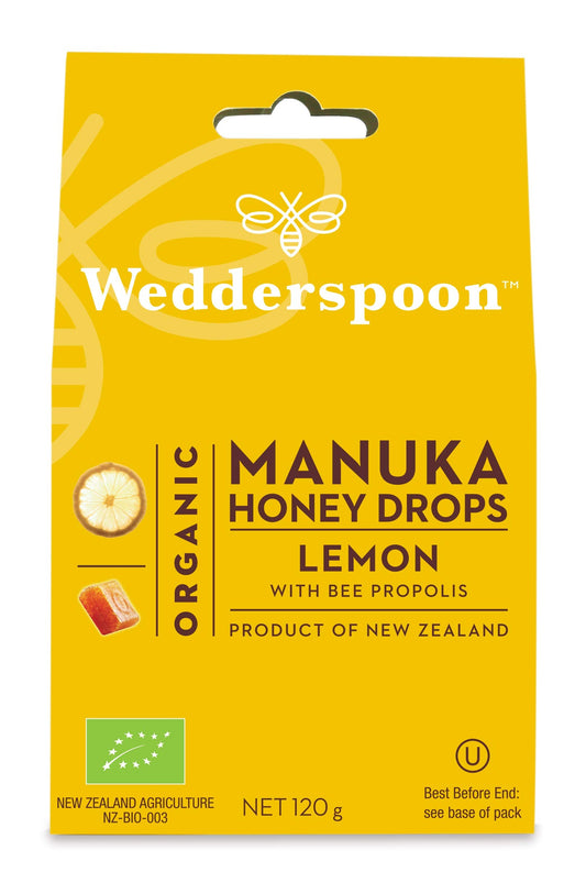 Wedderspoon Organic Manuka Honey Drops, 120g, 3 Pack - Lemon with Bee Propolis