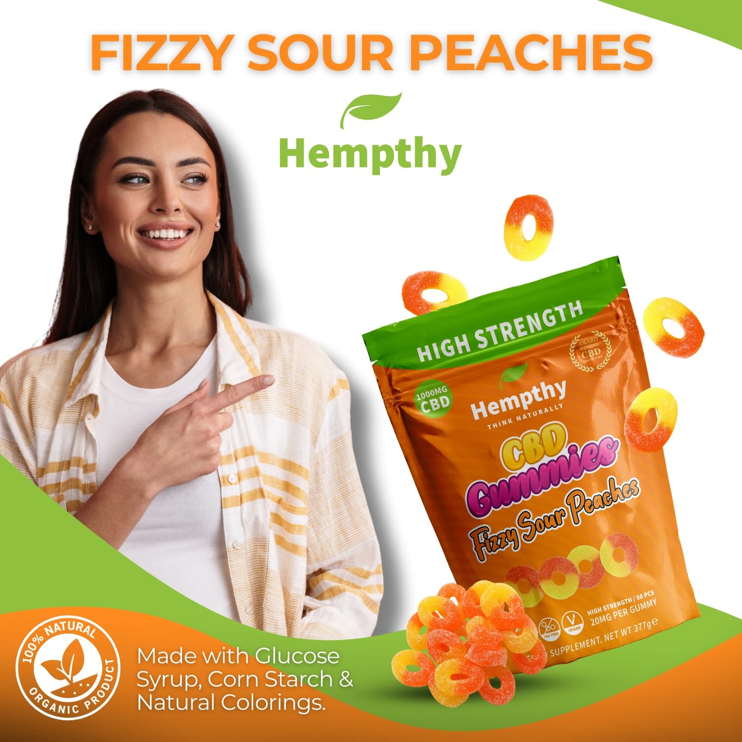 Hempthy CBD Fizzy Sour Peaches - 1000mg High Strength CBD Gummies for Adults - THC Free, Best UK Edible CBD Gummies - 20mg x 50!