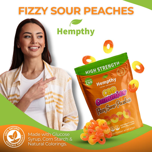 Hempthy CBD Fizzy Sour Peaches - 1000mg High Strength CBD Gummies for Adults - THC Free, Best UK Edible CBD Gummies - 20mg x 50!
