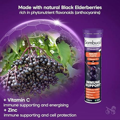 Sambucol Natural Black Elderberry Immuno Forte Effervescent Tablets | Vitamin C | Zinc | Immune System Supplement | 15 Tablets