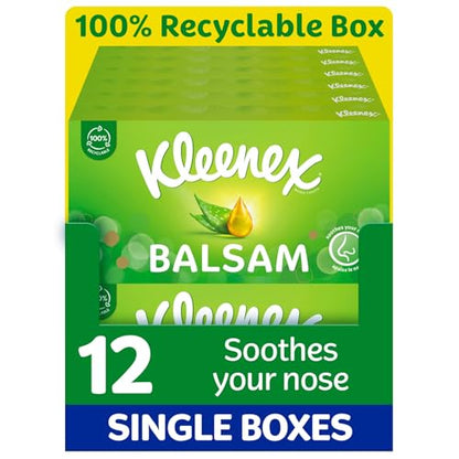 Kleenex® Balsam Facial Tissues - Pack of 12 Tissue Boxes - Balm Tissues Protect and Soothe Your Nose When You've Got a Cold - Balmcare® with Aloe Vera, Vitamin E and Calendula