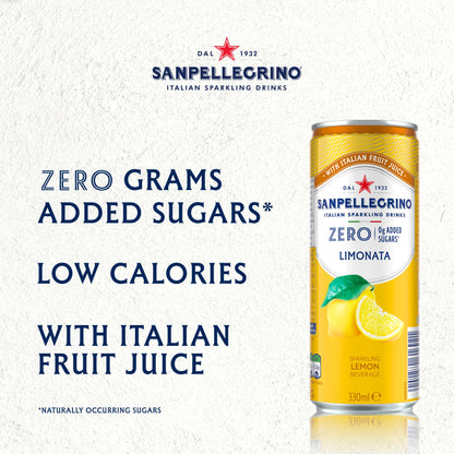 San Pellegrino Italian Sparkling Drinks Zero Sparkling Lemon Canned Soft Drink 12 x 330ml | 21kCals per can