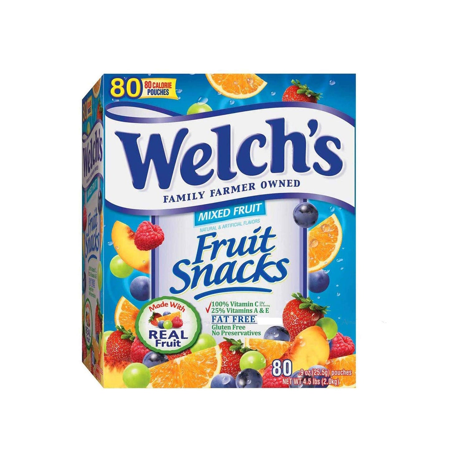 Welch's Fruit Snacks, Mixed Fruit, Fat Free Snacks, (80-0.9oz. Pouches Per Box)