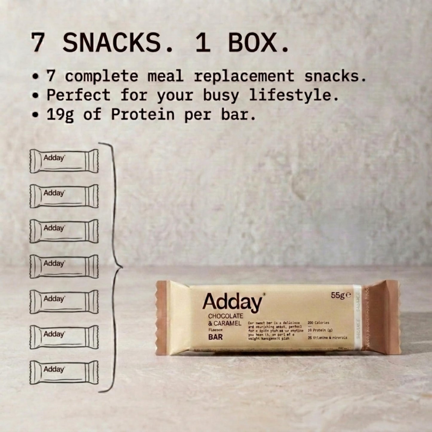 Adday - Low Calorie, High Protein Total Diet Meal Replacement Bar - Gluten Free, Vegan Friendly and Halal - 100% Nutritionally Complete with Fibre, Vitamin D, Iron and More