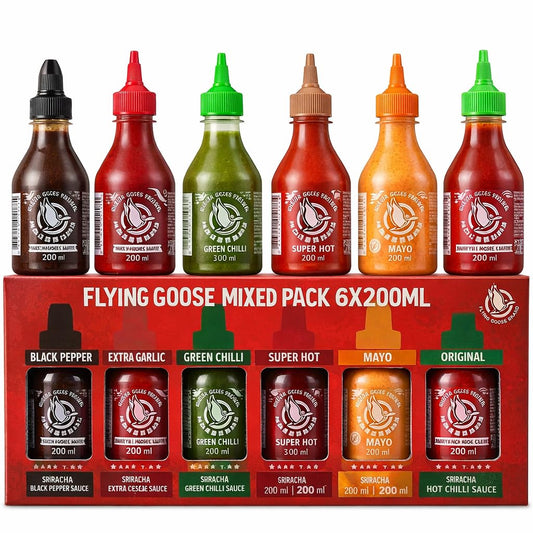 Flying Goose Mixed Pack Sriracha Sauce Set, 6 x 200ml, Black Pepper, Extra Garlic, Green Chilli, Super Hot, Mayo, Original