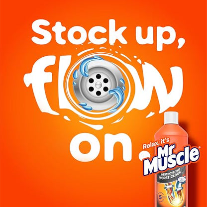 Mr Muscle Drain Unblocker Liquid (2 x 1L), Sink & Drain Cleaner, Strong & Fast Acting Heavy Duty Gel Formula, Dissolves Clogs, Works 3x Better Than Bleach, Safe for All Pipes