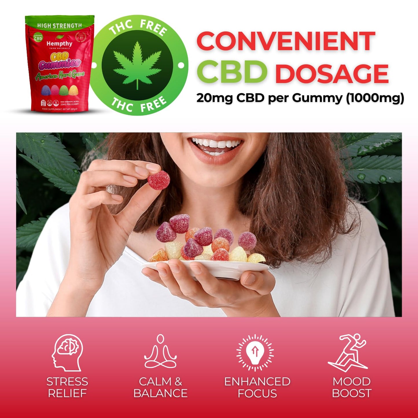 Hempthy CBD Gummies High Strength 1000mg CBD Edibles for, THC-Free, High Strength CBD Gummy for for Adults (American Hard Gums)