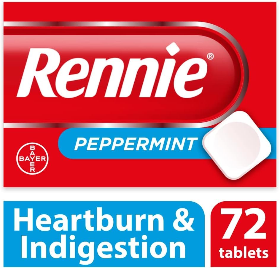 Rennie Antacids, Peppermint Flavour Heartburn Relief and Indigestion Tablets, Fast and Effective Relief for Acid Reflux, 1 Pack of 72 Tablets