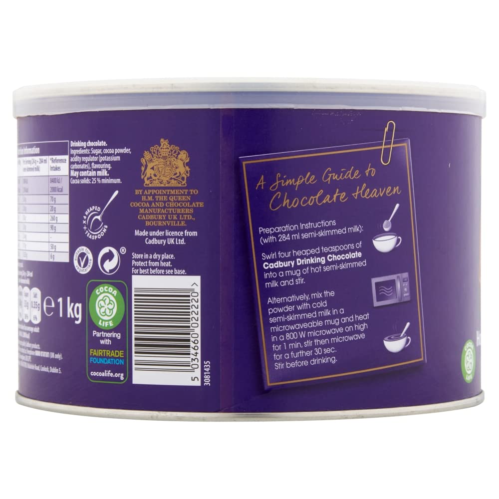 Cadbury Drinking Chocolate, OFFICIAL, Fair Trade Cocoa for Swirling into Hot Milk, 25% Cocoa Solids Minimum, 3 x 1 Kg