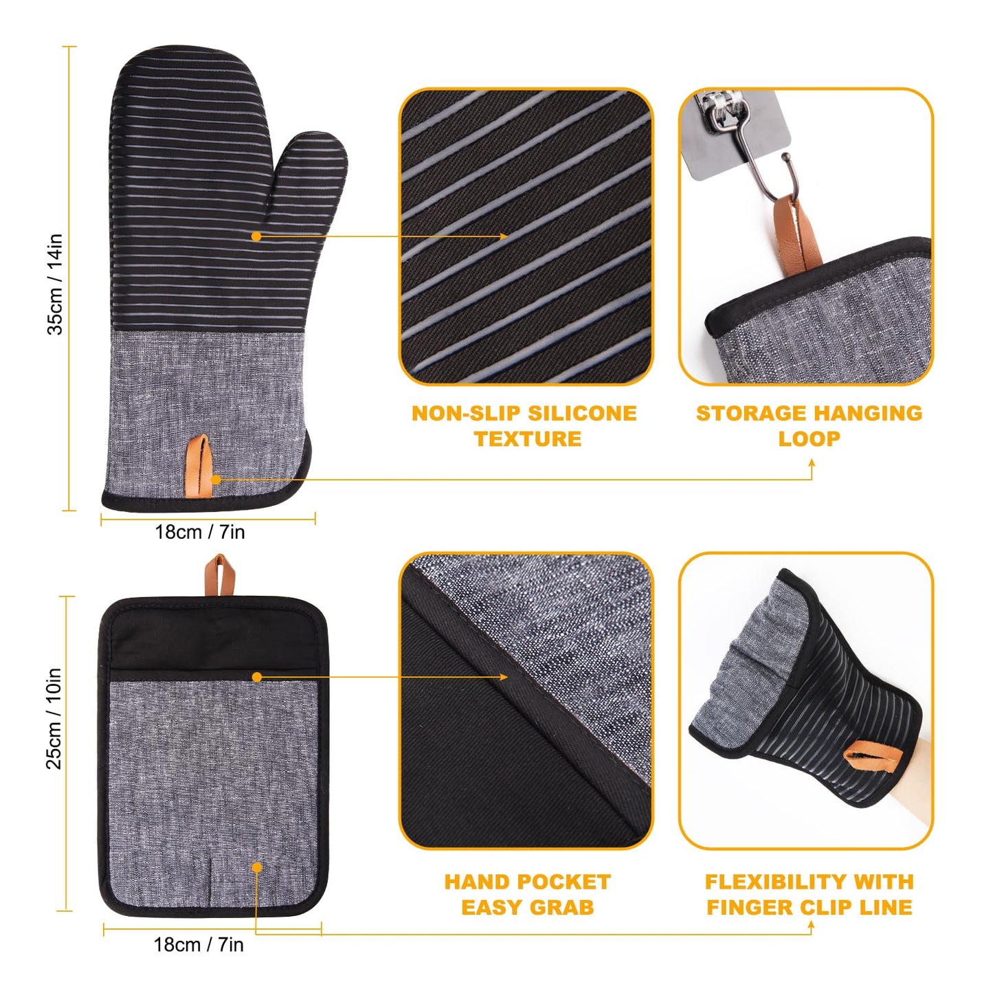 Kitchen Oven Mitts 4pcs Set- Non-Slip Cotton Oven Mitt & Pot Holders – Heat Resistant, Durable & Machine-Washable -Two Long Mit & Two Pot Holder