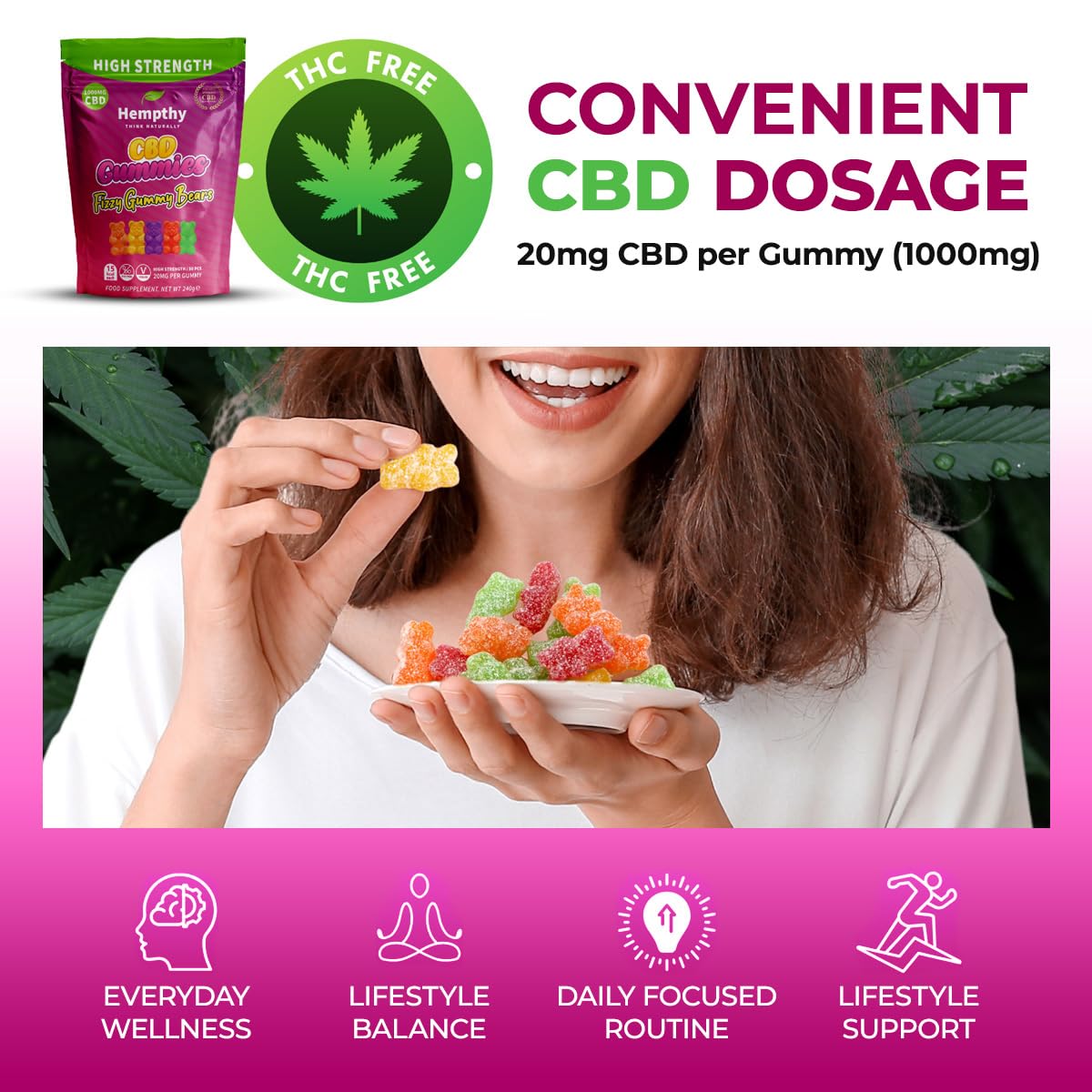 Hempthy High Strength CBD Gummies 1000mg, 20mg x 50 Gummies, HIGH Strength CBD Gummy Bears, 1000mg Total CBD, THC Free, Best UK CBD Gummy Bears